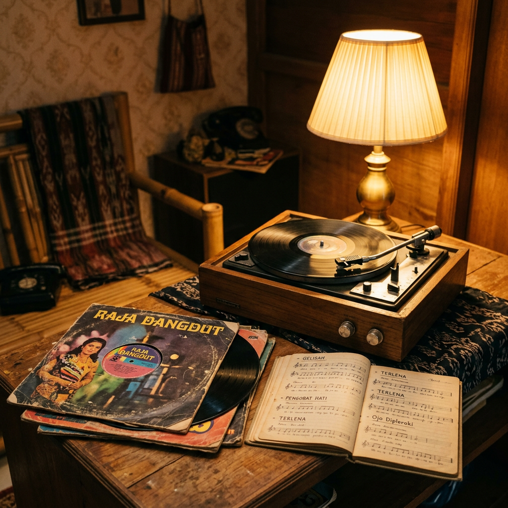 Vintage turntable beside Indonesian records and an open songbook